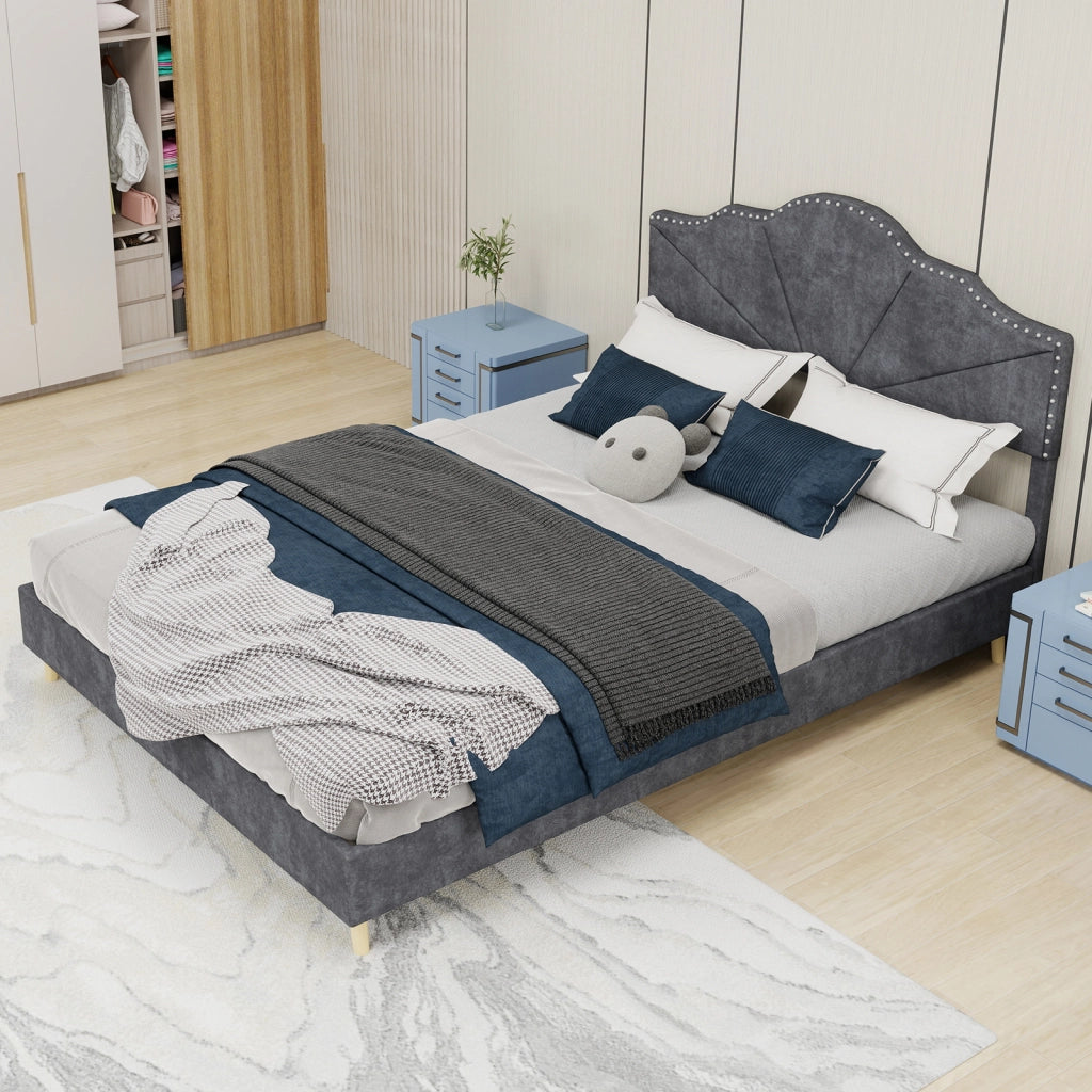 Letto Matrimoniale 140x200 cm con Testiera geometrica in Tessuto e Metallo Grigio