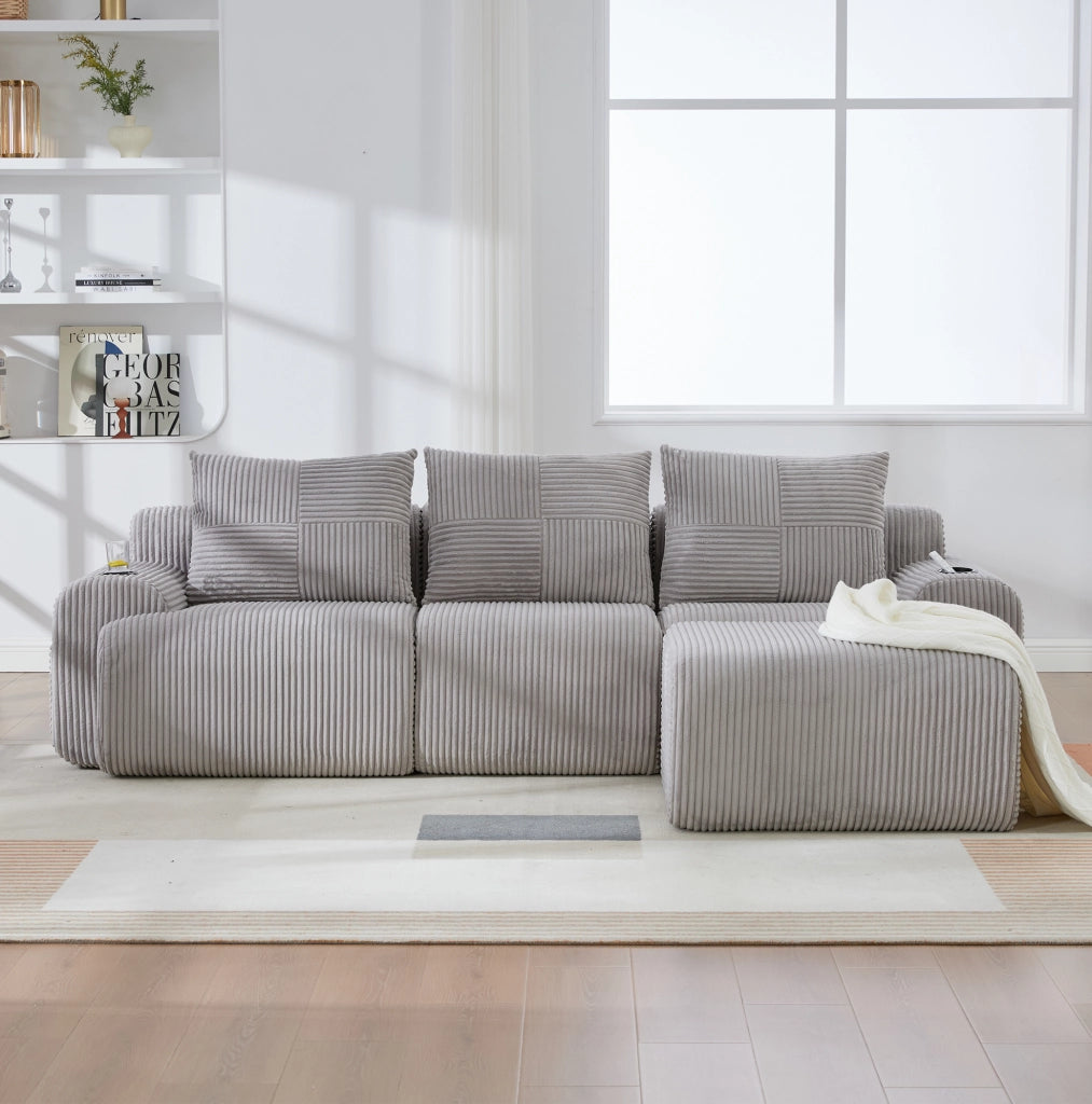 Divano modulare 3 posti in corduroy grigio chiaro; con portabicchiere e tasca laterale; 268 cm