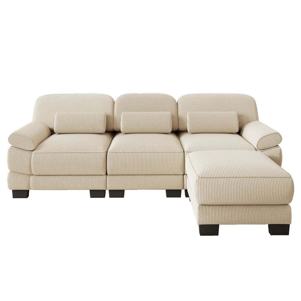 Divano modulare 3 posti a L con pouf e cuscino lombare in velluto a coste beige