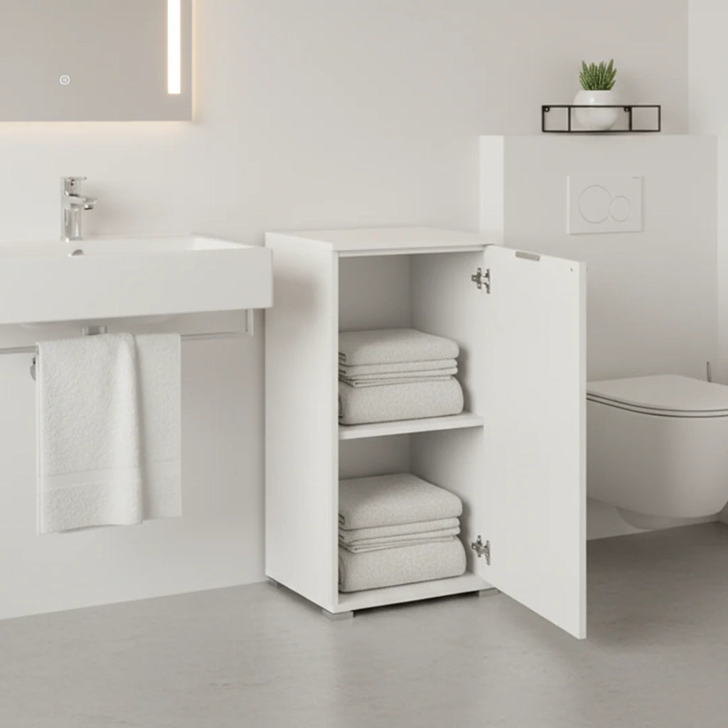 Mobiletto Base 1 Anta Bianco | Armadietto Salvaspazio Moderno con Ripiano Regolabile | Già Assemblato per Bagno, Lavanderia, Ingresso, Studio e Balcone