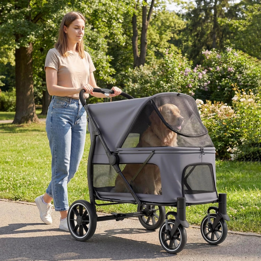 Passeggino Pieghevole per Cani, Carrozzina per Cani Fino a 40 kg con Entrata Bassa, Finestra Regolabile in Rete, Tasche Portaoggetti e Cintura di Sicurezza per Animali Tutte le Taglie (Grigio)