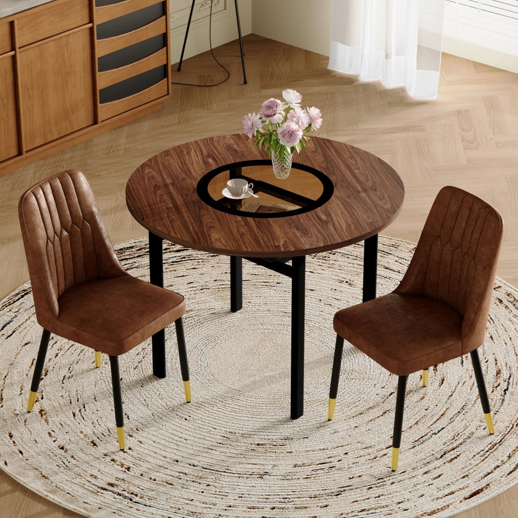 Tavolo da pranzo rotondo per 2-4 persone con ripiano in vetro e 2 sedie imbottite in tessuto marrone nero 100 cm