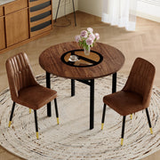 Tavolo da pranzo rotondo per 2-4 persone con ripiano in vetro e 2 sedie imbottite in tessuto marrone nero 100 cm