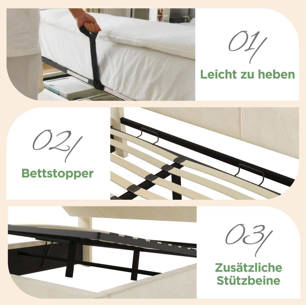 Letto matrimoniale 140x200 con materasso, LED e ricarica USB