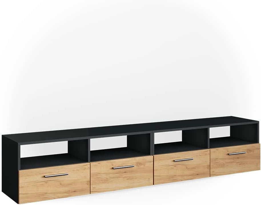 Mobile tv Diego, Antracite, 190 x 38 cm, adatto come supporto TV con ripiani aperti