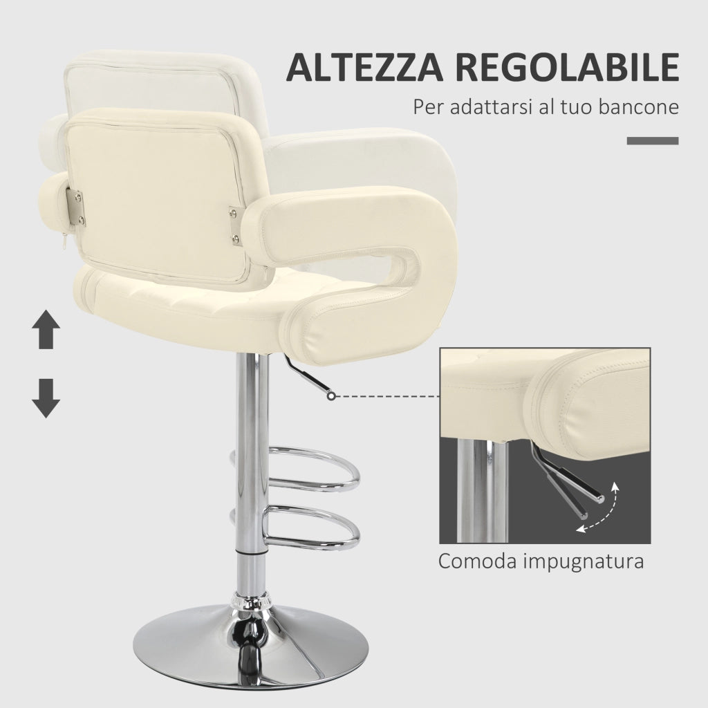 Sgabello Bar con Schienale e Braccioli ¨C zephmum ¨C Pelle Bianca, Struttura in Acciaio, Altezza Regolabile