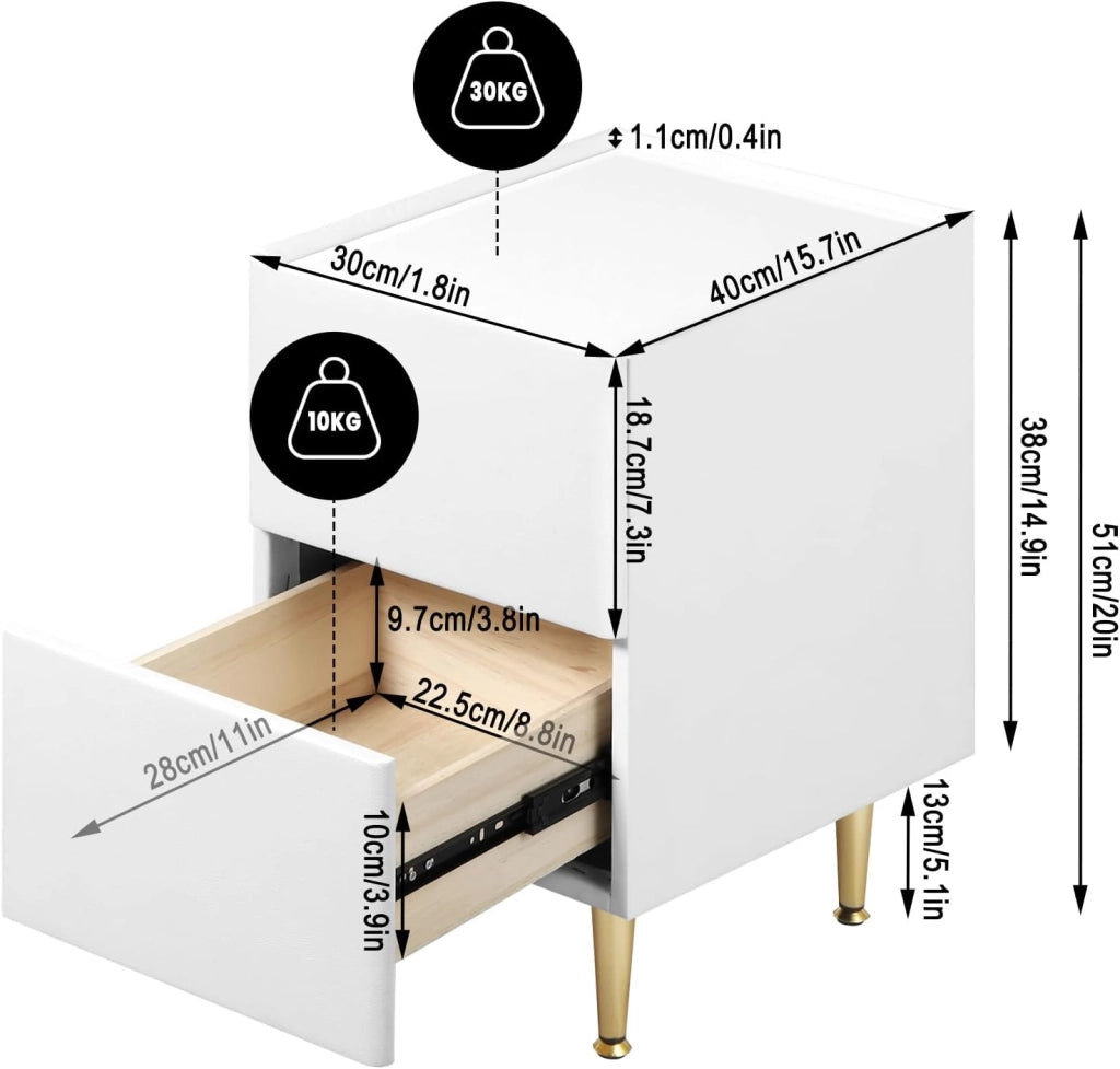 Comodino Camera da Letto, Tavolino da Notte con 2 Cassetti, Piano Lucido, Rivestimento in PVC, 40x30x51cm, Tavolino da Divano, MDF+PVC+Metallo, Bianco+Dorato, NTS10ws02