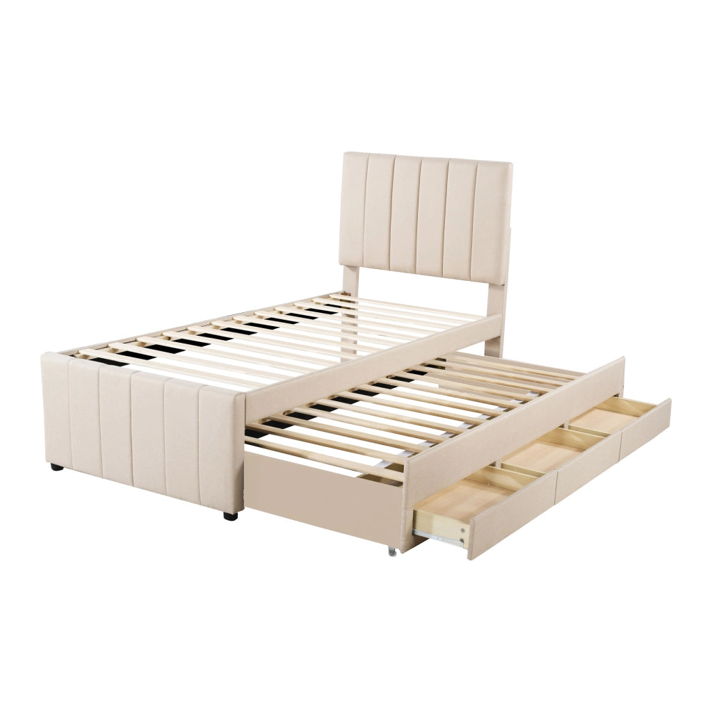 Letto imbottito singolo 90×200 cm con letto estraibile e 3 cassetti; rete; senza materasso; beige