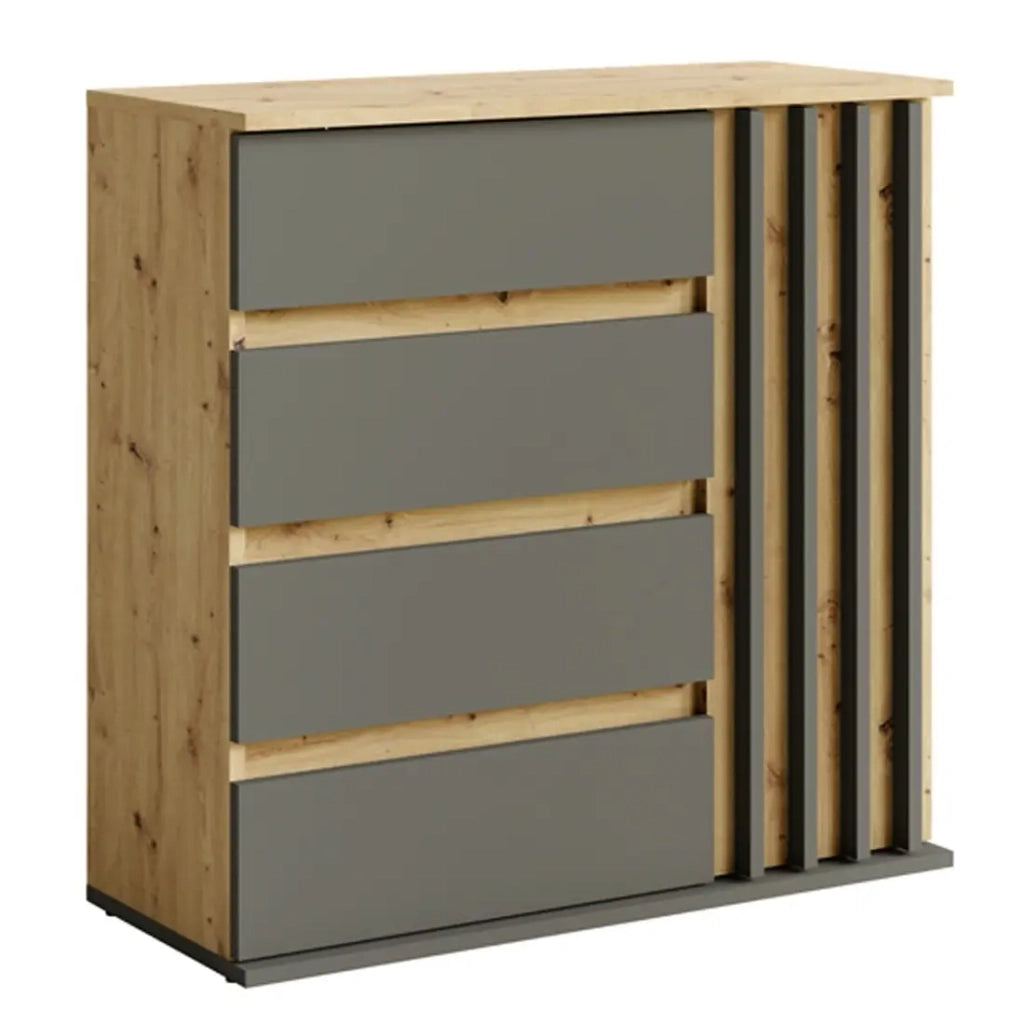 Comò con 1 porta e 4 cassetti - rovere e grigio - Collezione Mone