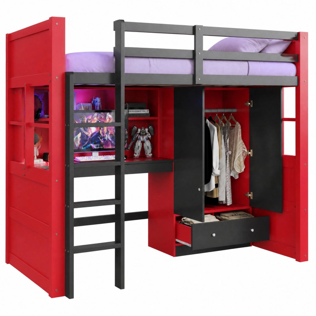 Letto a soppalco 90x200 cm in stile e-sport; con LED; prese; scrivania e armadio; nero e rosso