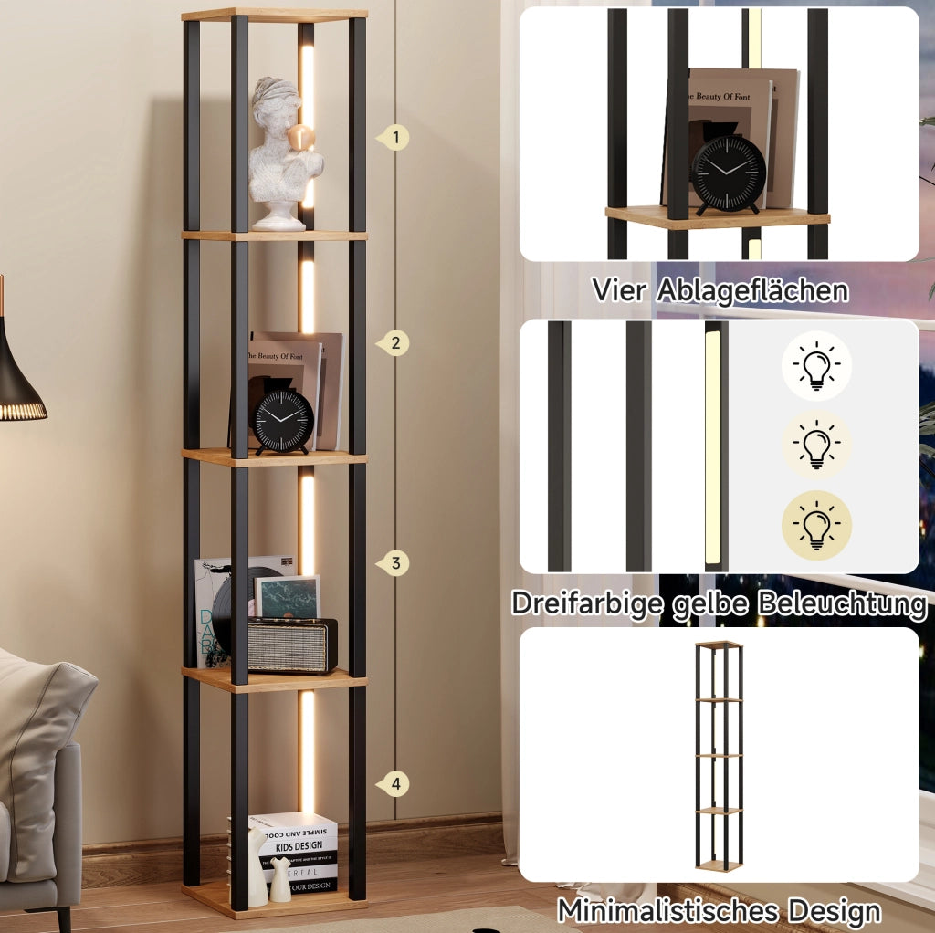 Scaffale a colonna LED 4 ripiani MDF nero e legno 26x26x165 cm