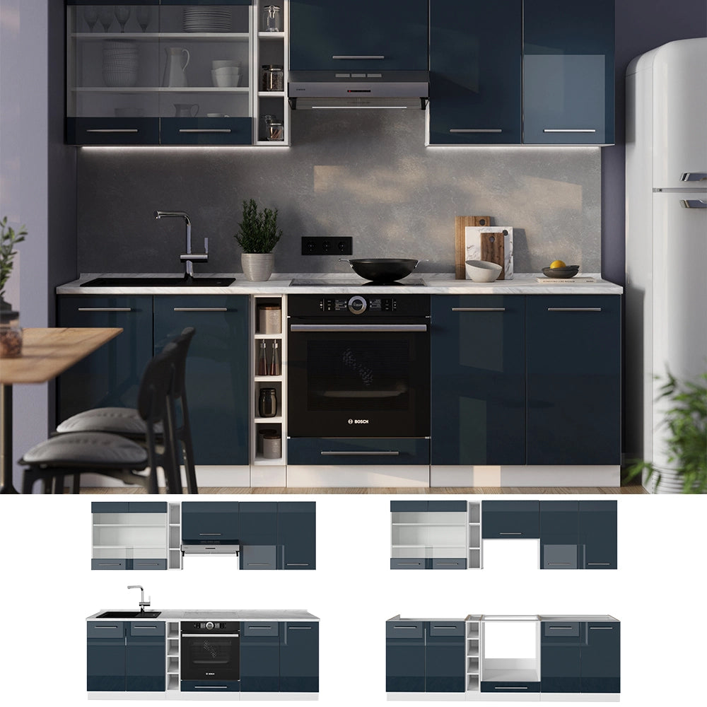 Mobili da cucina Fame-Line Blu scuro lucido/Bianco 235 cm, PL Rovere Vicco
