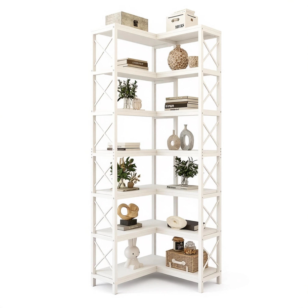 Scaffale angolare industriale a 7 livelli con 14 scomparti, metallo e legno, bianco