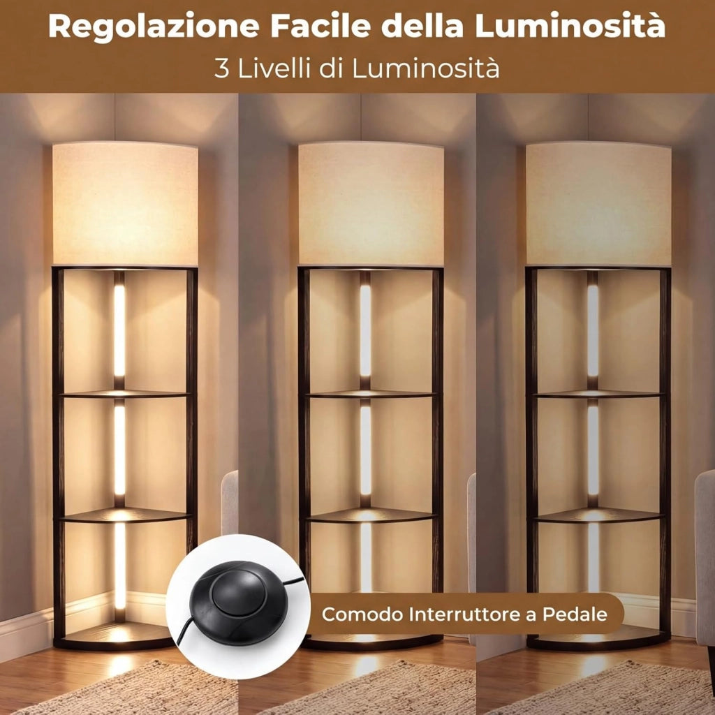 Lampada da Terra Angolare con Mensole, Scaffale a 3 Ripiani con Luci LED Dimmerabili, Paralume in Lino e Interruttore a Pedale, Piantana da Terra per Camera da Letto, Salotto e Studio