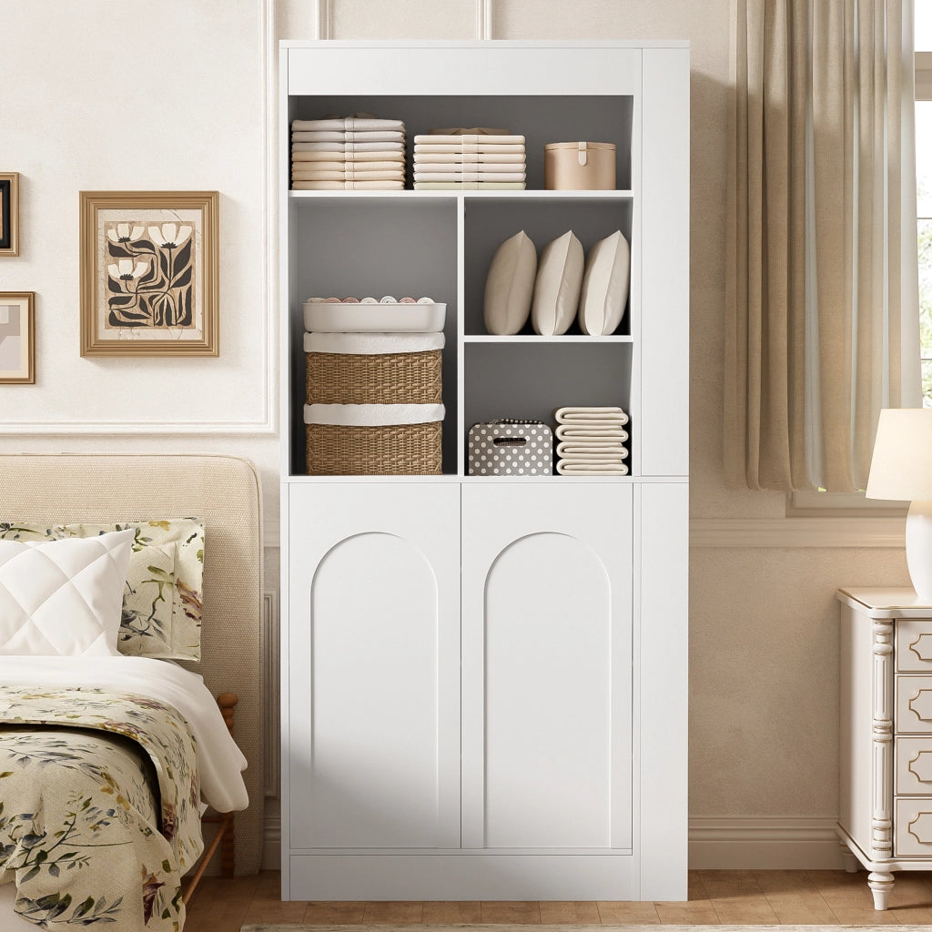 Armadio multiuso bianco con 2 ante, ripiani aperti laterali e mensole, 85×35×180 cm