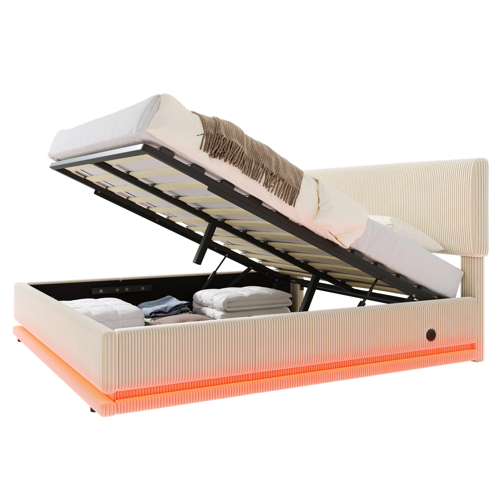 Letto Imbottito con LED, USB-C, Testiera Regolabile e Contenitore ¨C MINIMAL ¨C Velluto a Coste Beige 140x200