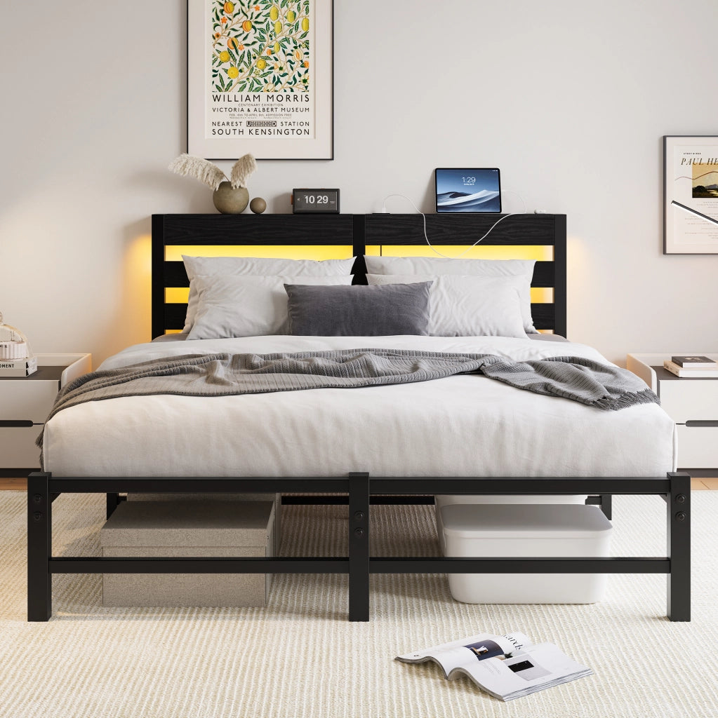 Letto per adulti 140 × 200 cm con LED RGB, 2 porte USB, contenitore sotto il letto, senza materasso, nero