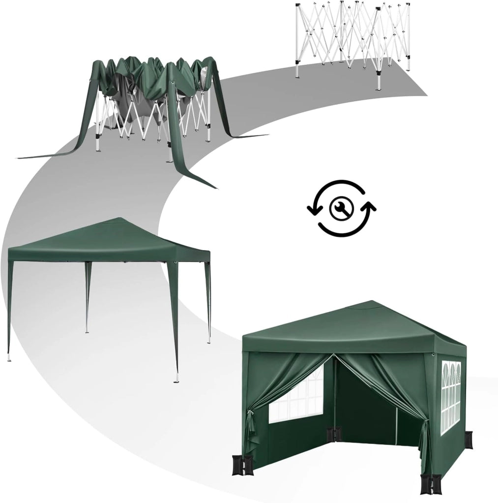 Gazebo da Giardino Richiudibile 3x3m Gazebo da Esterno in Ferro Regolabile in Altezza Tendone Pieghevole con Telo Impermeabile,Set di 4 Sacchi di Sabbia, Facile da Montare Verde
