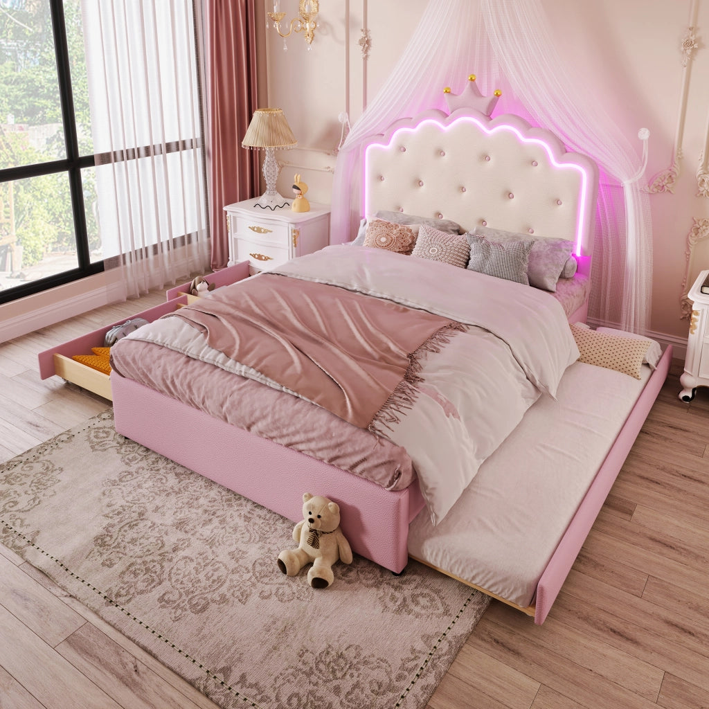 OKWISH Letto con Cassetti 140×200 cm, Letto Matrimoniale con LED Regolabile, Letto estraibile e 2 Cassetti, senza Materasso, in PU, Rosa