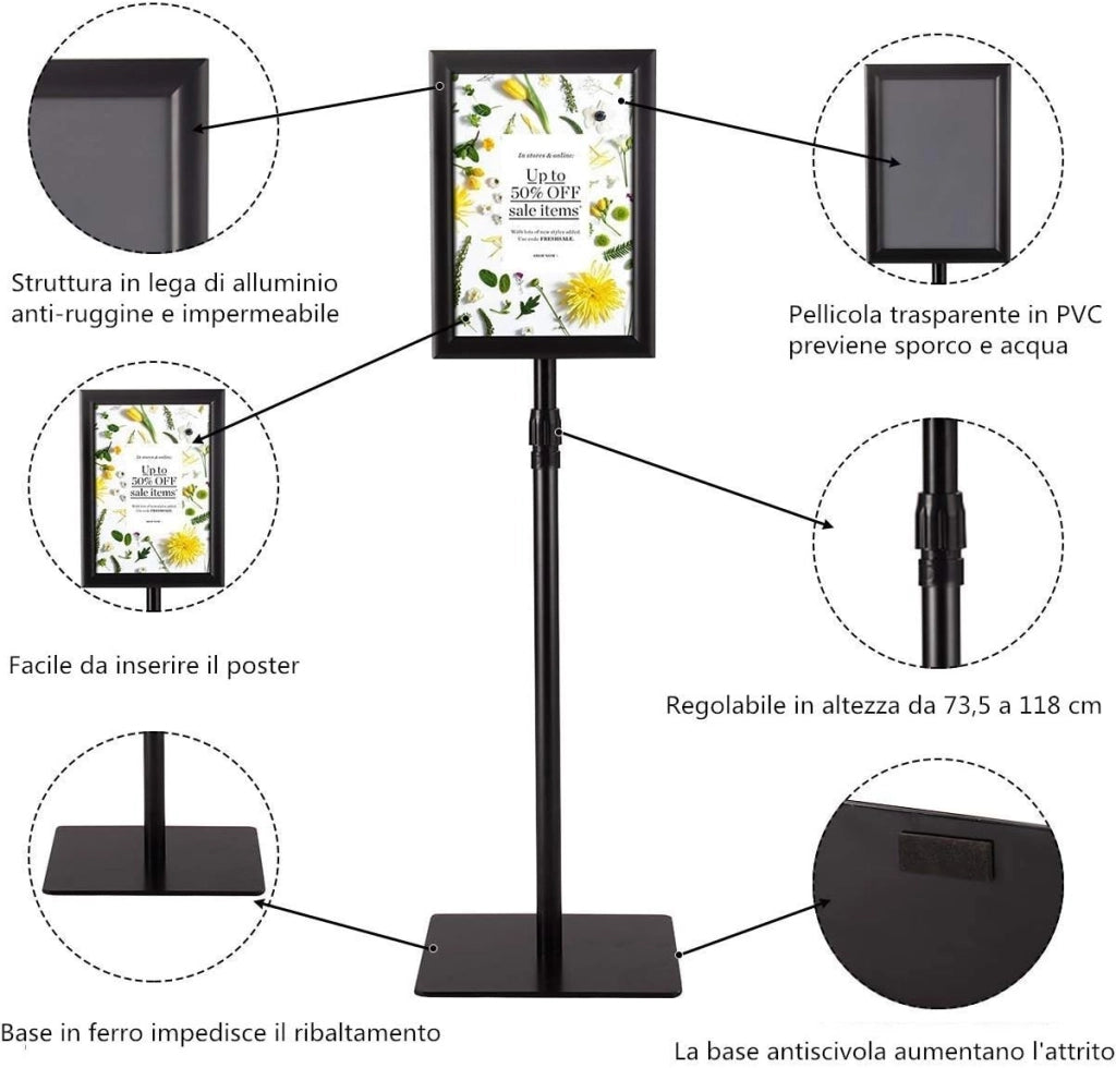 A4 Poster Stand Espositore da Pavimento Supporto Poster Menù per Pubblicità da Terra, Girevole a 360 Gradi, Regolabile in Altezza, Metallo (Nero A4)