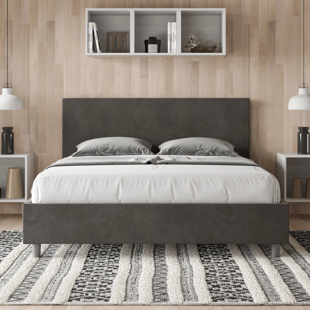 BS COM Letto matrimoniale contenitore doppia alzata imbottito 160x210 microfibra grigio
