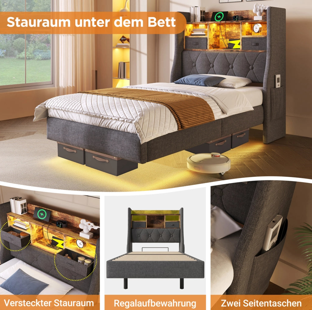Letto matrimoniale 140x200 cm con LED, USB e vano contenitore