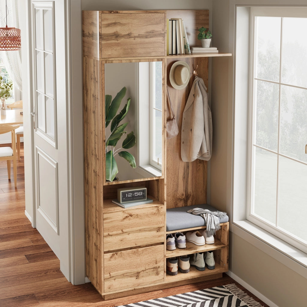 Mobile Ingresso con Specchio; Panchina e Appendiabiti con Cassetti e Scarpiera a Ripiani; MDF; Naturale; 90??34;5??190 cm