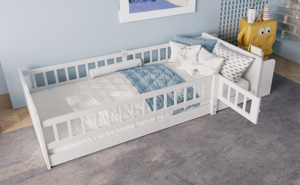 DESMIU Letto Bambino 90 × 200 cm 1 Posto con Vani Aperti, Ripiani e Sponda Apribile, Senza Materasso