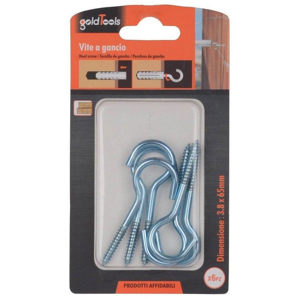 Trade Shop - Set 6 Pezzi Viti Vite A Gancio Ganci 3.8 X 65 Mm Con Filettatura Per Legno 90730 -