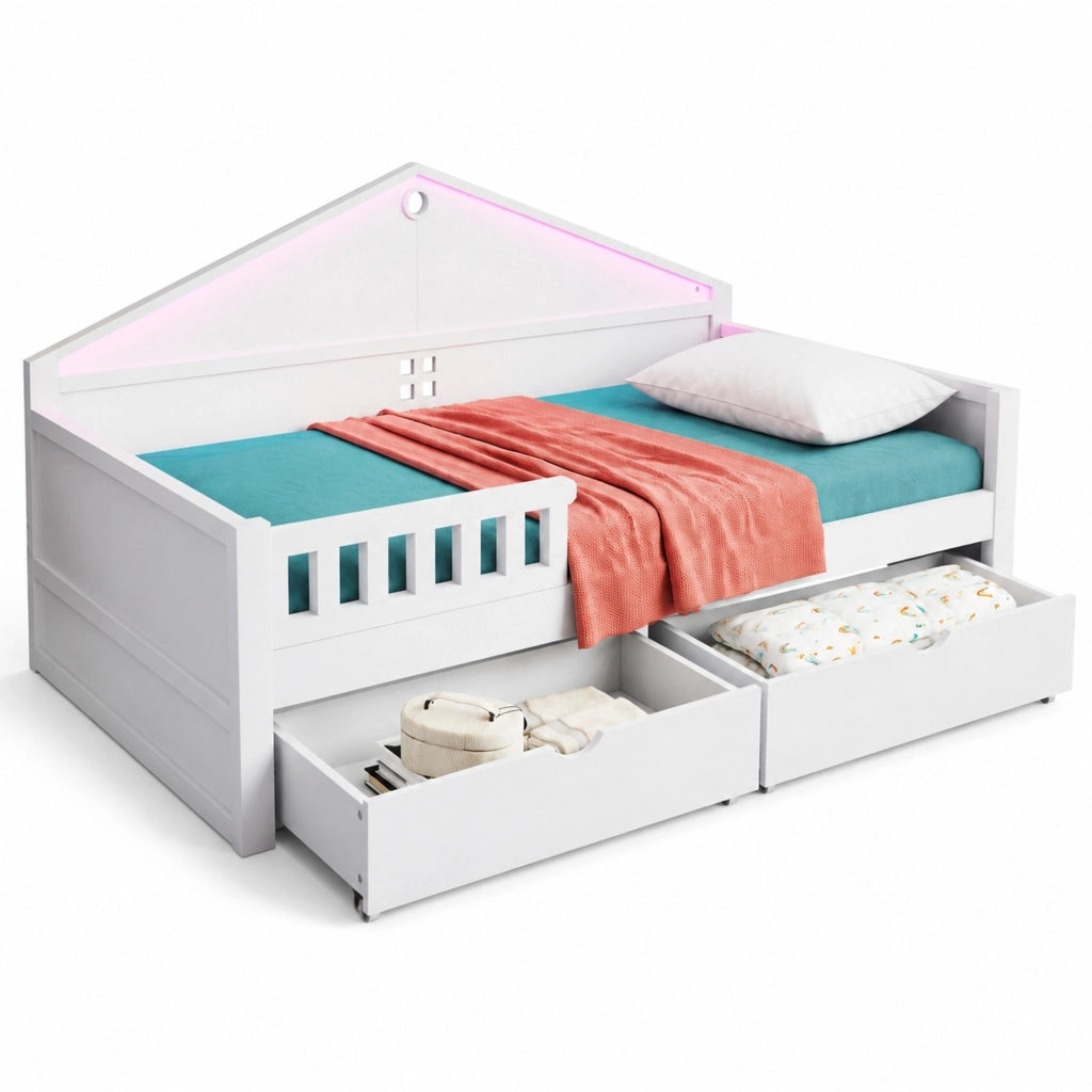Letto singolo multifunzione 90x200 cm con LED e 2 cassetti; in legno massello e MDF; bianco