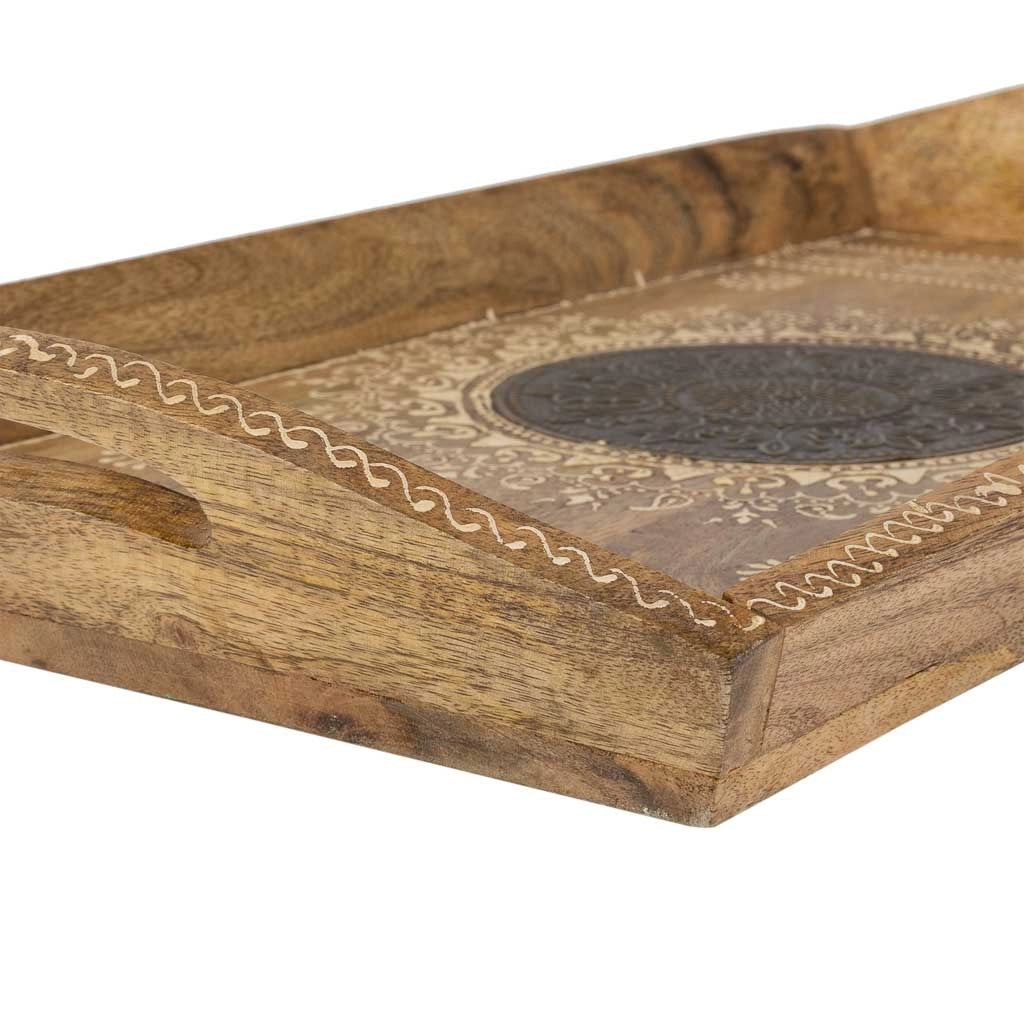 Vassoio in legno dipinto a mano con 2 manici marrone 48x25x6h cm