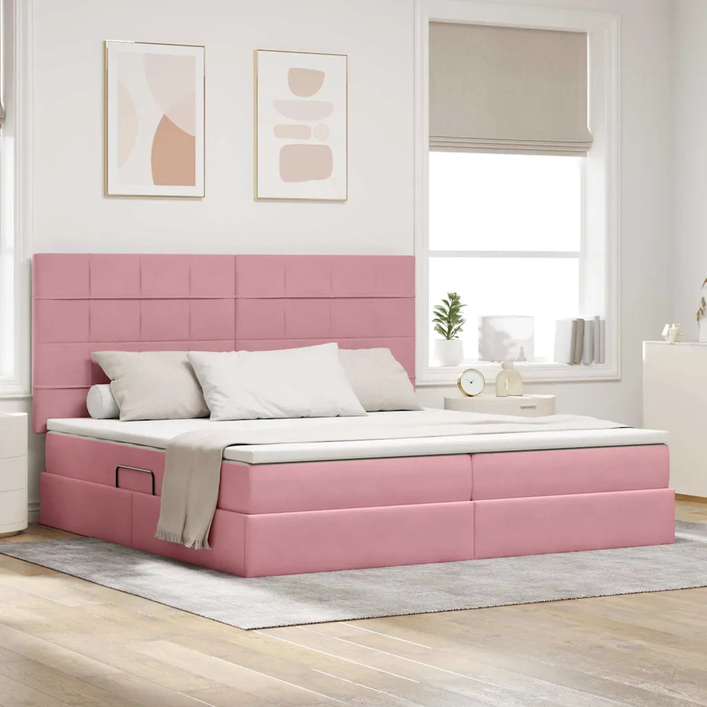 Letto con contenitore e materasso Rosa 200 x 200 cm Velluto