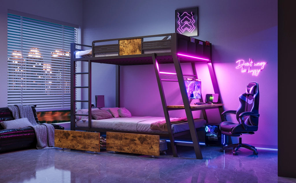 Letto a castello 2 posti per 2 materassi 90 × 200 cm con scrivania, prese, USB e porta tipo C, LED, senza materasso