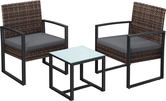 Set di giardino a tre pezzi in stile rattan - marrone grigio - materiale PE - riempimento VFT - vetro resistente - 57,5 cm x 53 cm x 76 cm