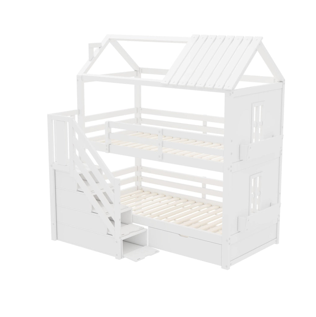 Letto a castello 90x200 cm con scala contenitore bianco