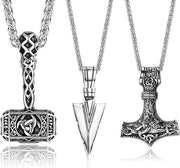 Cinturone da uomo in acciaio inossidabile con martello a forma di triangolo, punta a punta, anello Mjolnir, catena e talismano vintage - Set da 3 pezzi