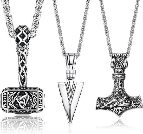 Cinturone da uomo in acciaio inossidabile con martello a forma di triangolo, punta a punta, anello Mjolnir, catena e talismano vintage - Set da 3 pezzi