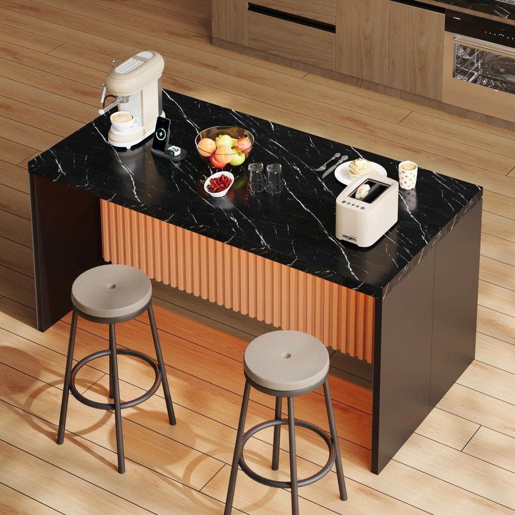 Isola cucina 155x80x90 cm in MDF nero effetto marmo, con LED, prese elettriche e porte USB, piano da 40 mm