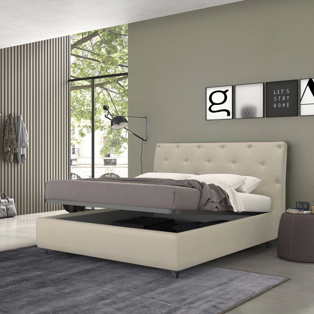 Talamo Italia Letto contenitore singolo Mozart, Made in Italy, Struttura in ecopelle imbottita, Adatto a materasso 80x190 cm, Panna