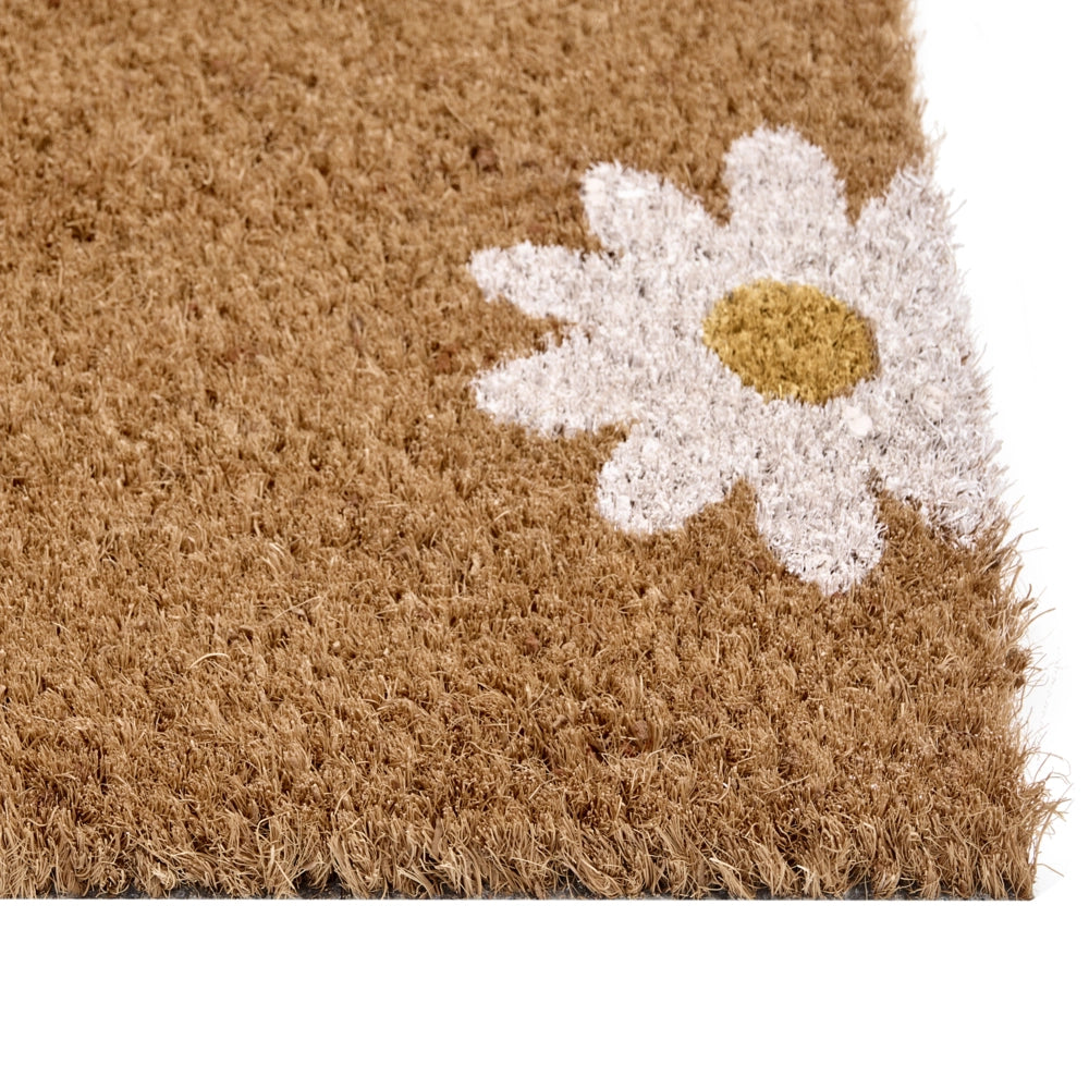 Zerbino in fibra di cocco naturale con supporto in PVC antiscivolo 40 x 60 cm con motivo floreale a margherita, decorazione moderna per interni.