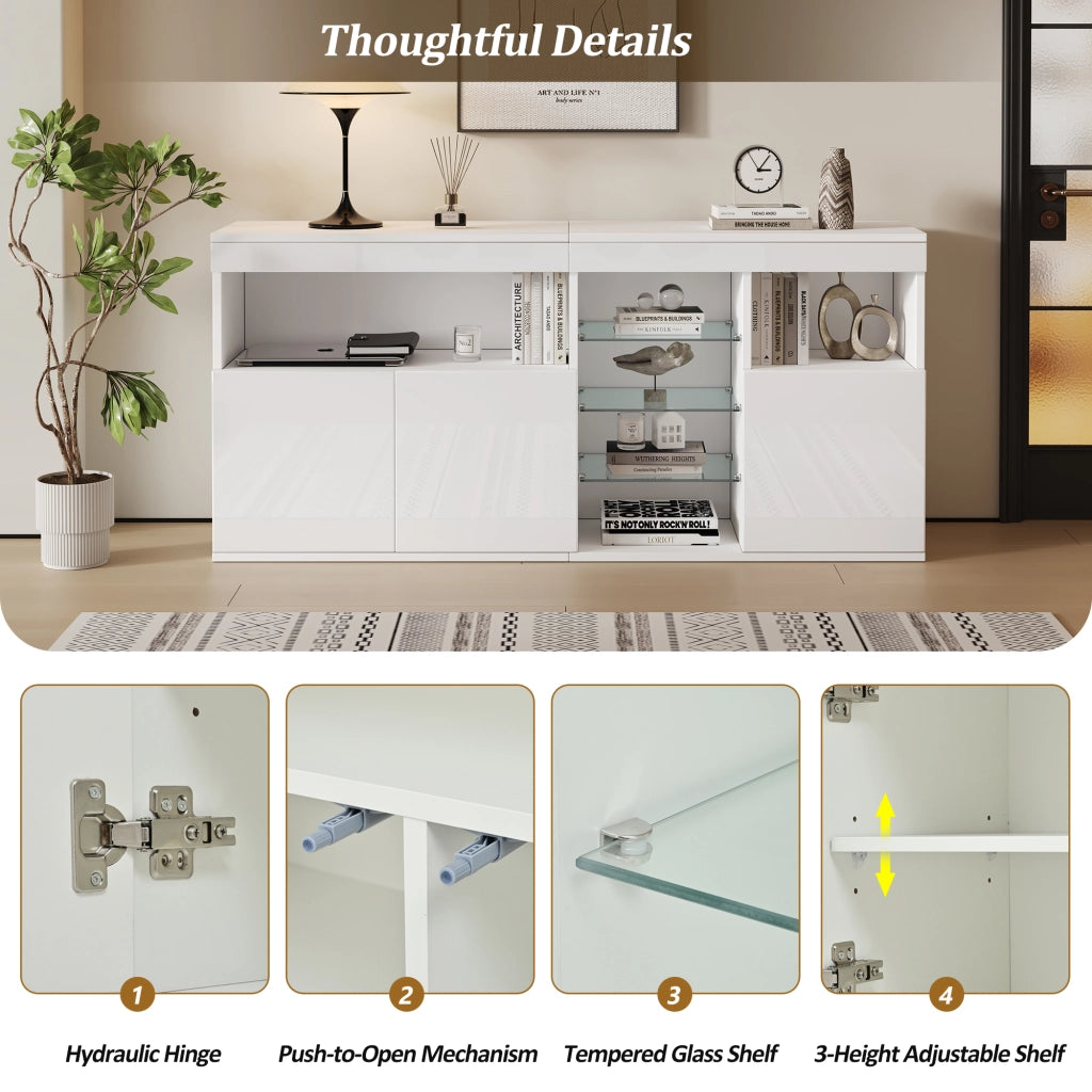 Credenza e madia con LED e 3 ante, 1 vano aperto e ripiani in vetro, per soggiorno, bianco, 155,5 × 35 × 72 cm