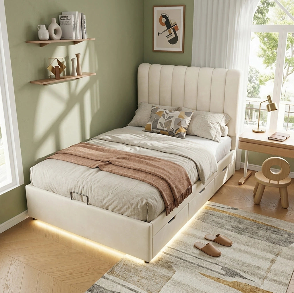 Letto contenitore per ragazzi in velluto beige con LED e 3 cassetti