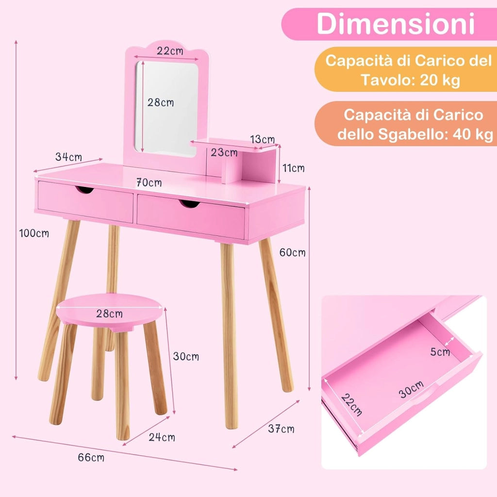 2 in 1 Set Toeletta per Bambini, Postazione Trucco in Legno con Sgabello, Specchio Rettangolare Staccabile e 2 Cassetti Capienti, Ideale per Bambini dai 3 ai 7 Anni (Rosa Scuro)