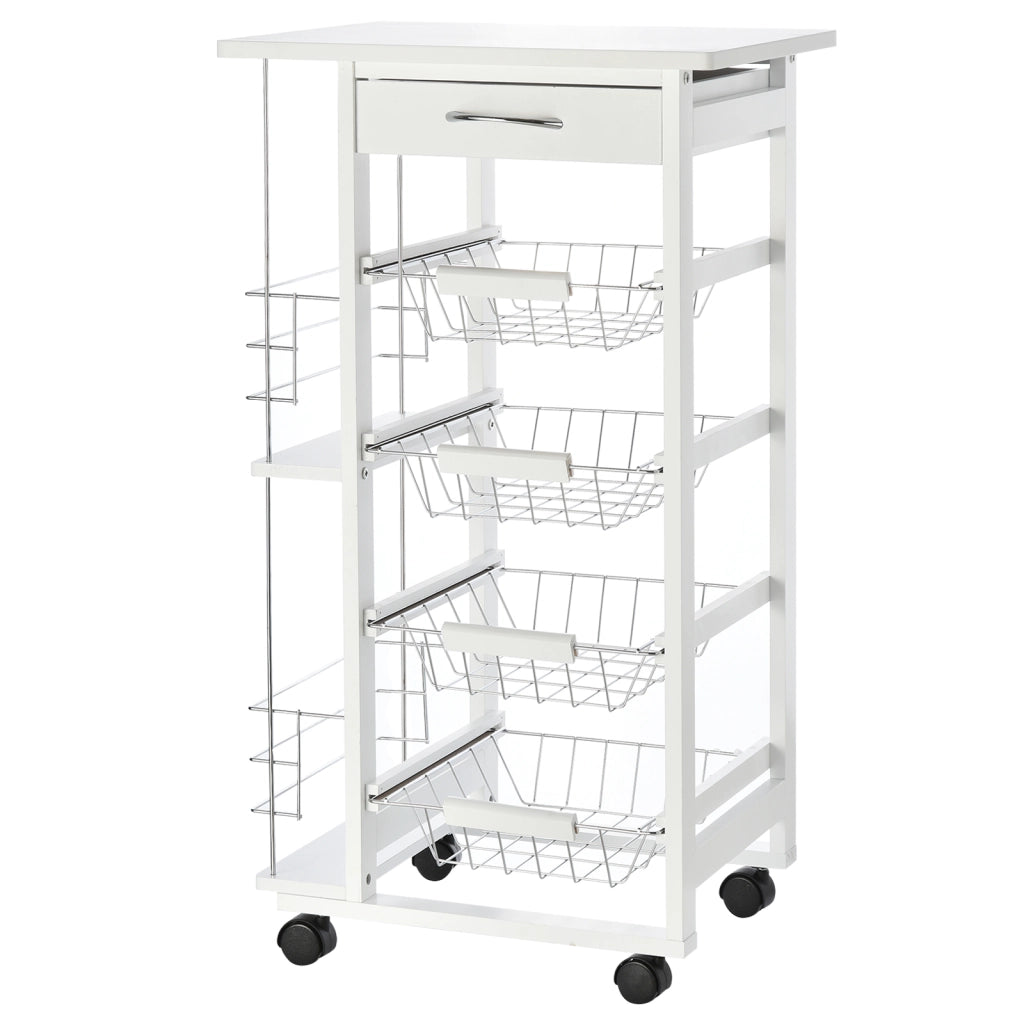 Mobile da cucina con ruote, cassetto, 4 cesti e ripiani laterali ¨C zephmum ¨C bianco 47x37x83 cm