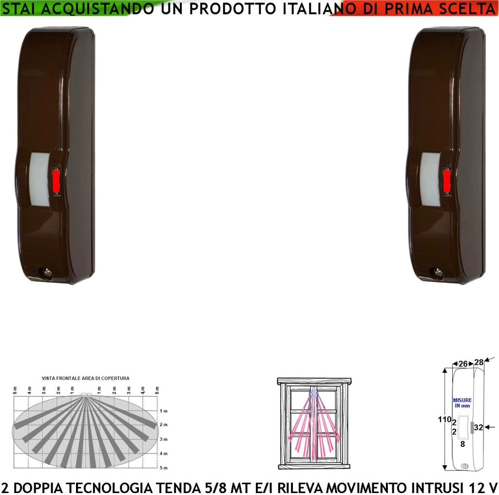 Evita Furto Doppia Tecnologia Tenda Marrone 2 Pezzi Infrarosso e Microonda Portata 5 MT Vano Finestra Interno Corridoio Scala Rileva Intrusi Ladri Invia Allarme Alim. 12 V Assorb. 10 mA Cover ABS IP44