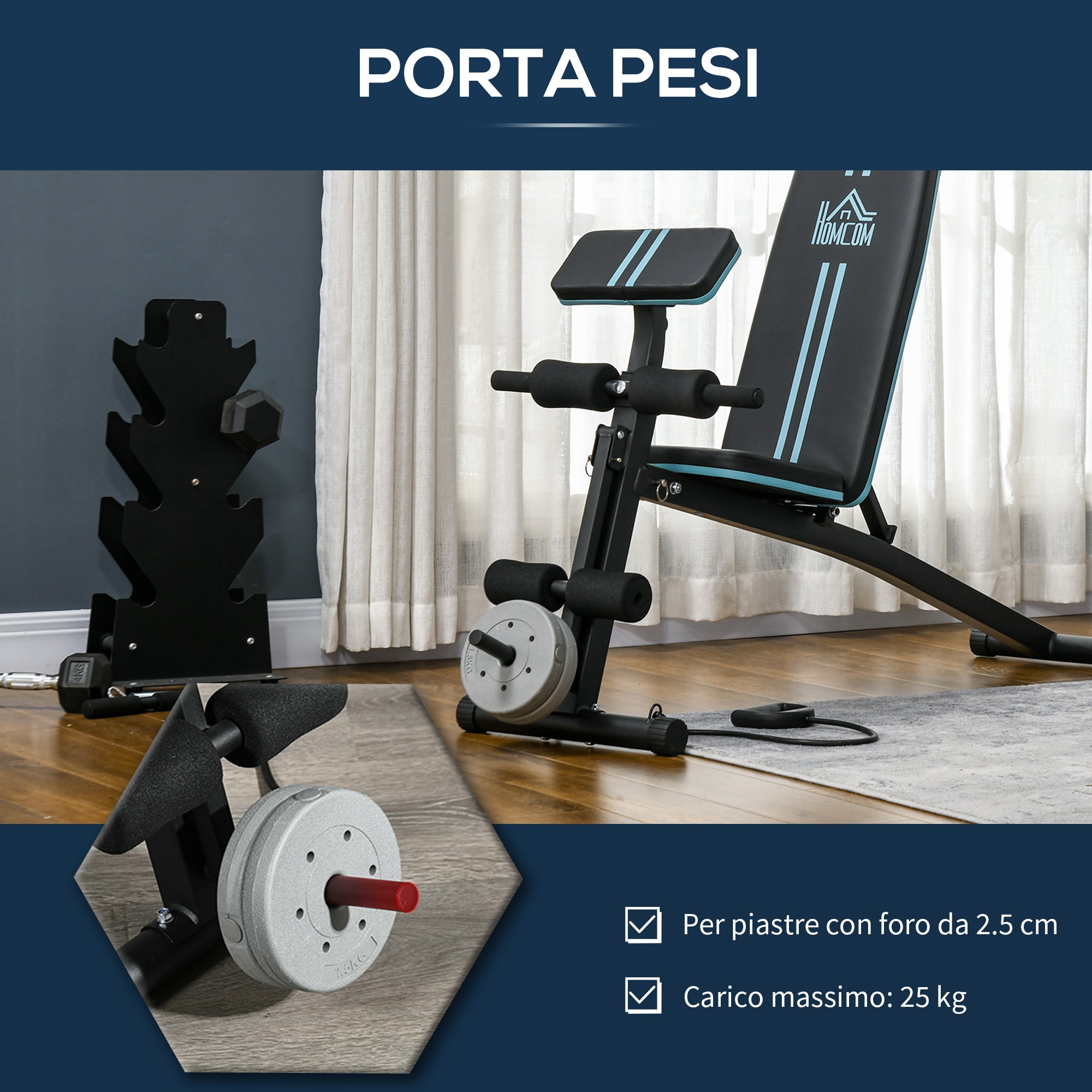 Panca Multifunzione Pieghevole con Schienale Regolabile a 7 Livelli e Leg Extension in Acciaio e ABS Blu