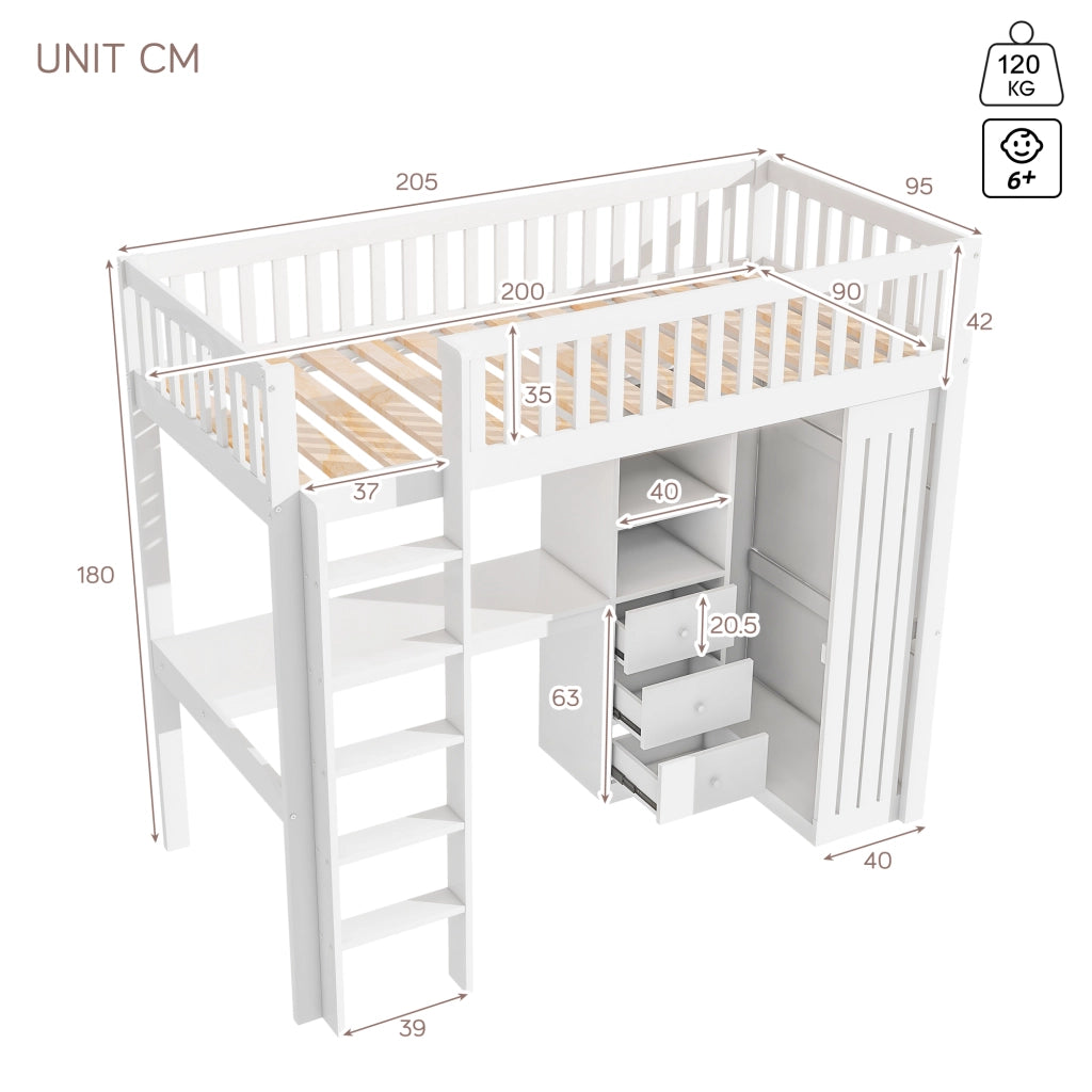OKWISH Letto a Soppalco 90×200 cm, Letto Singolo con Scrivania, Armadio, 3 Cassetti, Vano a Vista e Scala, senza Materasso, Bianco