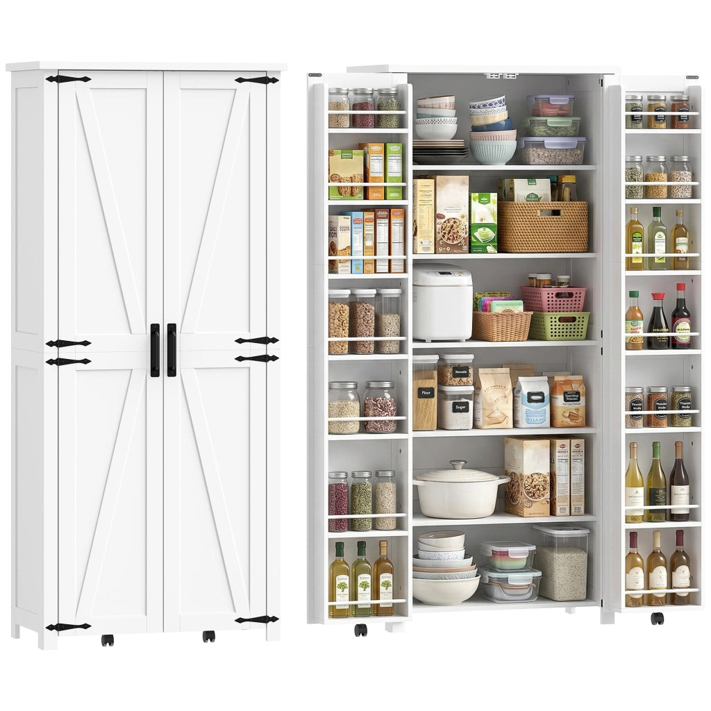 Armadio da cucina ¨C zephmum ¨C 2 ante con ruote, 6 scomparti, 14 portarack, ripiani regolabili, bianco