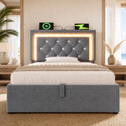 Letto singolo 90x200 cm in velluto grigio con LED, USB, USB-C e contenitore idraulico