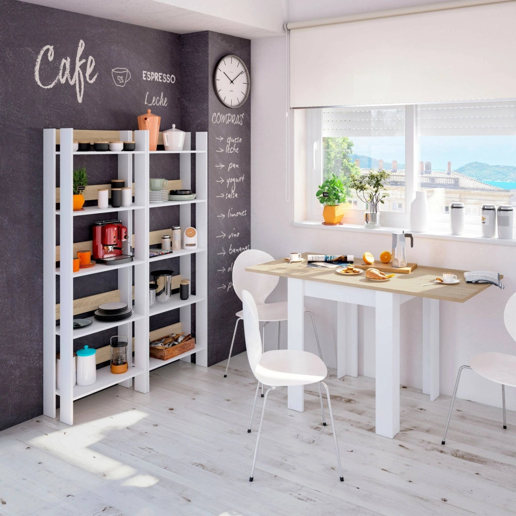 Libreria Haruki, Scaffale da ufficio a 5 ripiani, Mobile portalibri, Biblioteca, 57x27h170 cm, Bianco lucido e Rovere